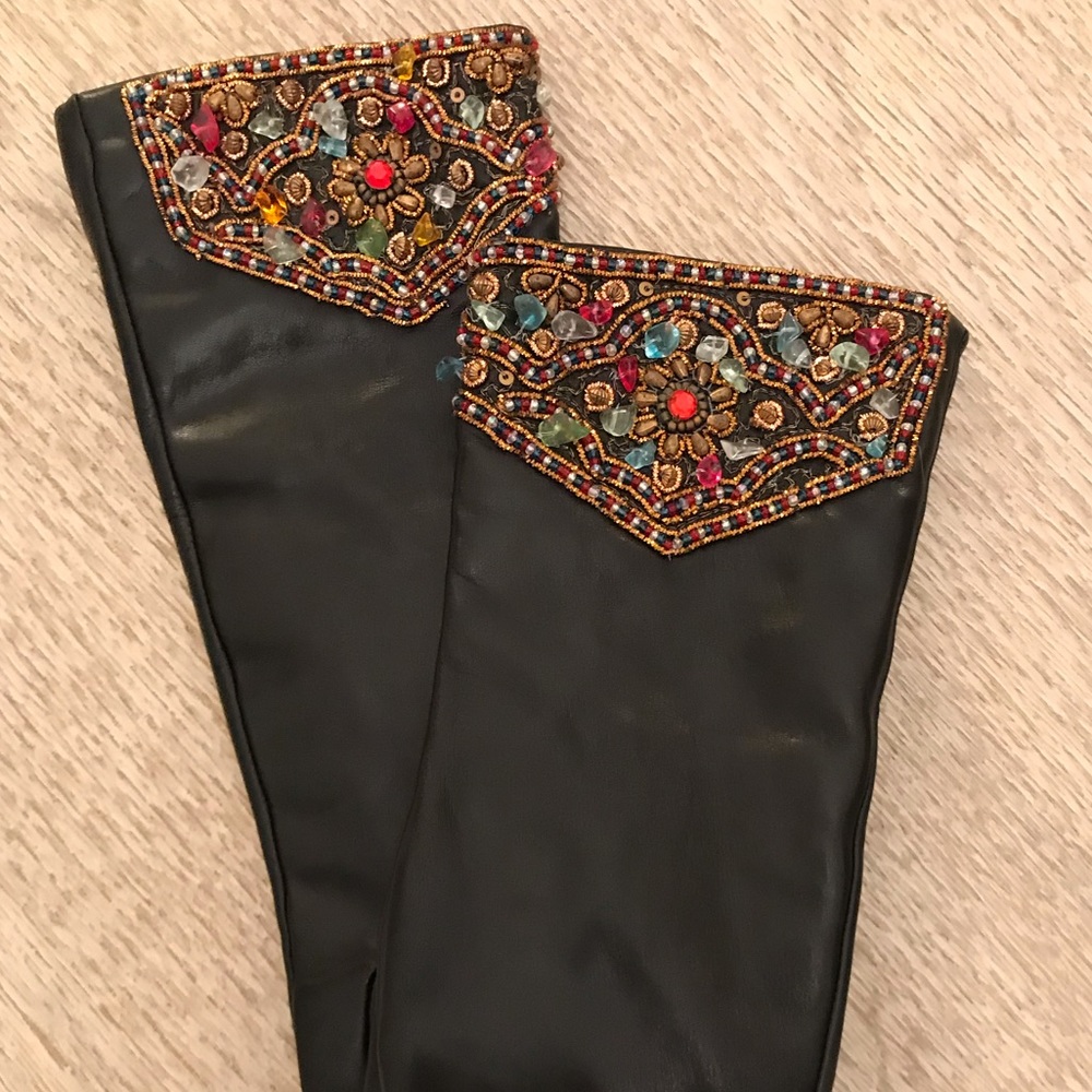 Retro Black Long Leather Jewel Trimmed Gloves - Picture 11 of 11